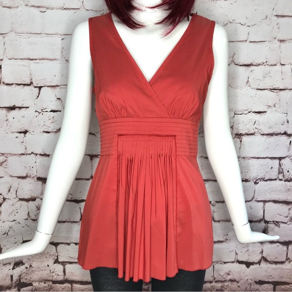 BCBGMAXAzria XS Coral Pleated Faux Wrap V-Neck Empire Waist Peplum Cotton Top XS - Picture 5 of 16